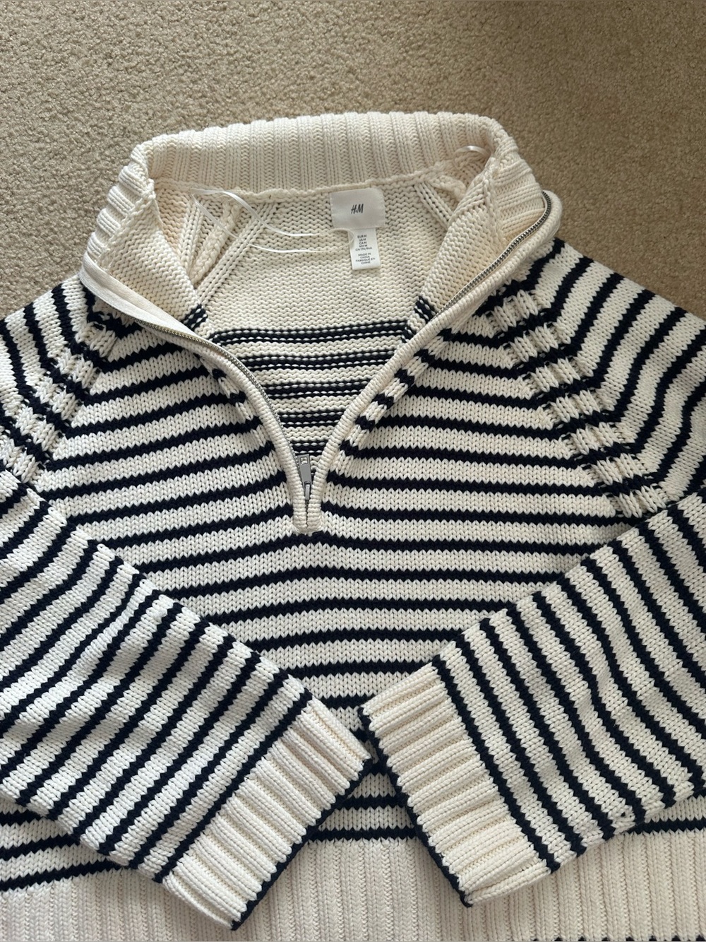 H&M Cream and Black Striped Half-Zip Funnel Neck Sweater